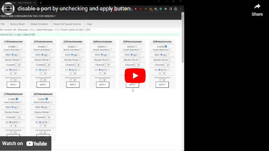 How to Disable a Specific Potentiometer (or Any Encoder or Key) Using the Web Configuration Tool