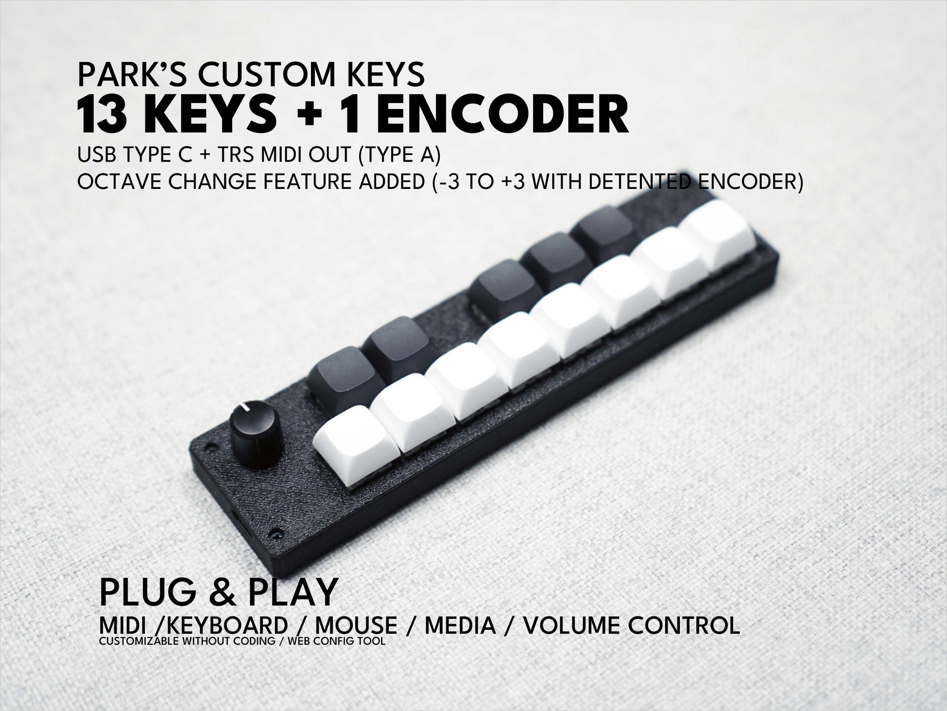 Park's Custom 13 keys + one encoder / customizable shortcut keyboard / MIDI note cc MCP / volume media control / mechanical keyboard DIY